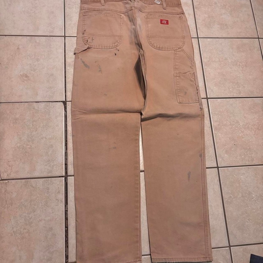 Vintage distressed Tan Dickies carpenter pants with paint stains Size 38x34
